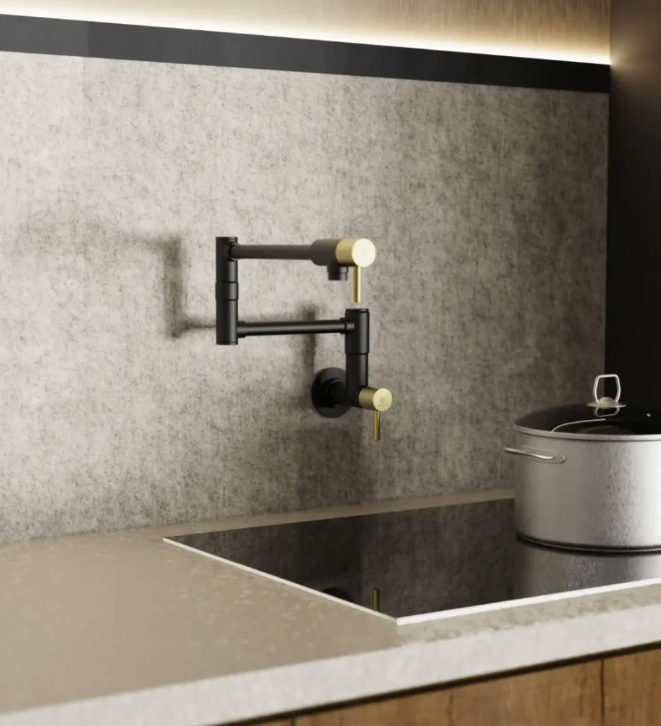 Pot Filler Faucet Matte Black with Gold Trim Commercial Wall Mount Stove Faucet 