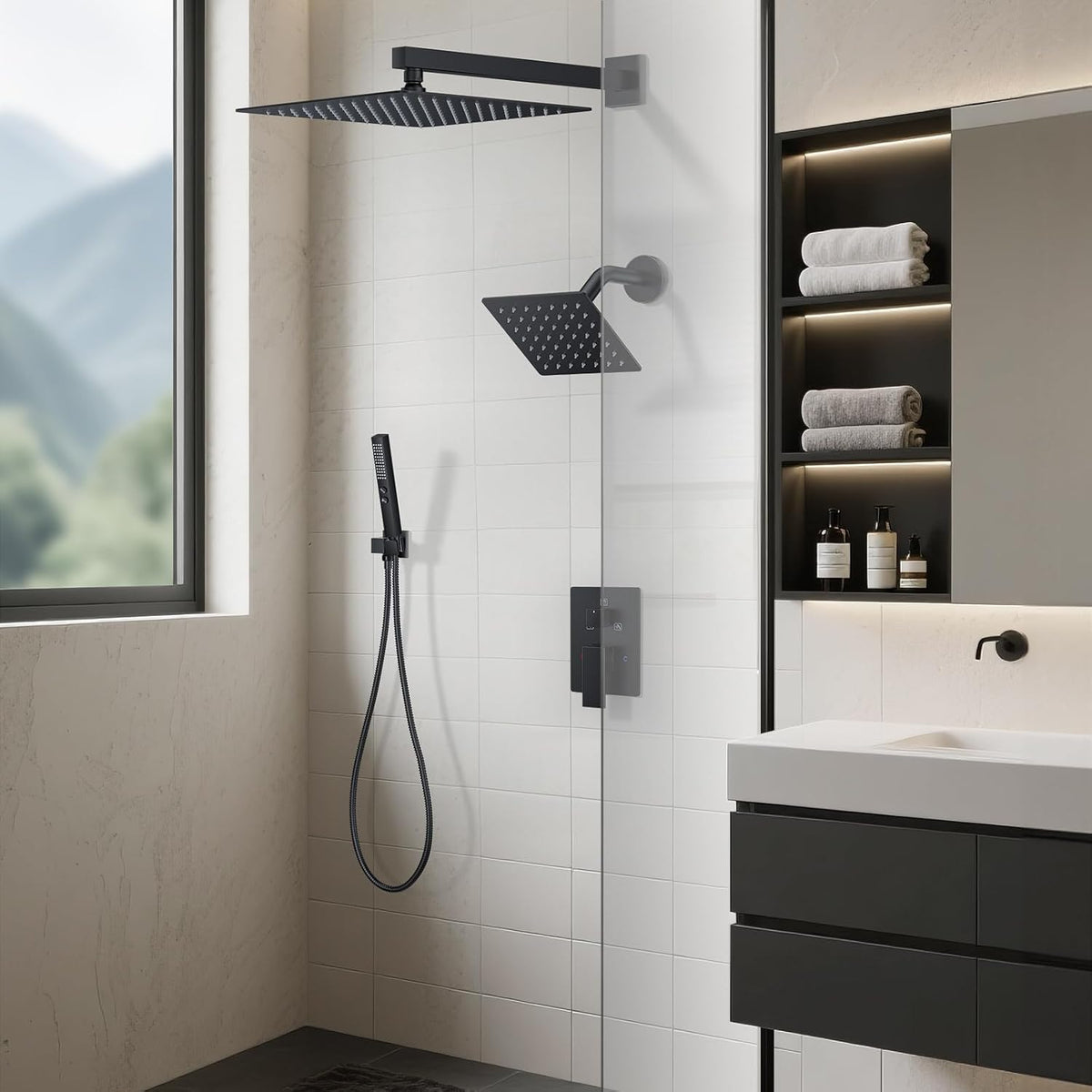 Modern Square Brass Rainfall Shower Faucet Set for Bathroom (2 Shower Heads)