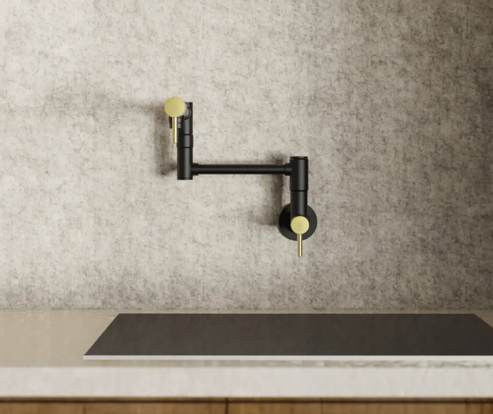 Pot Filler Faucet Matte Black with Gold Trim Commercial Wall Mount Stove Faucet 