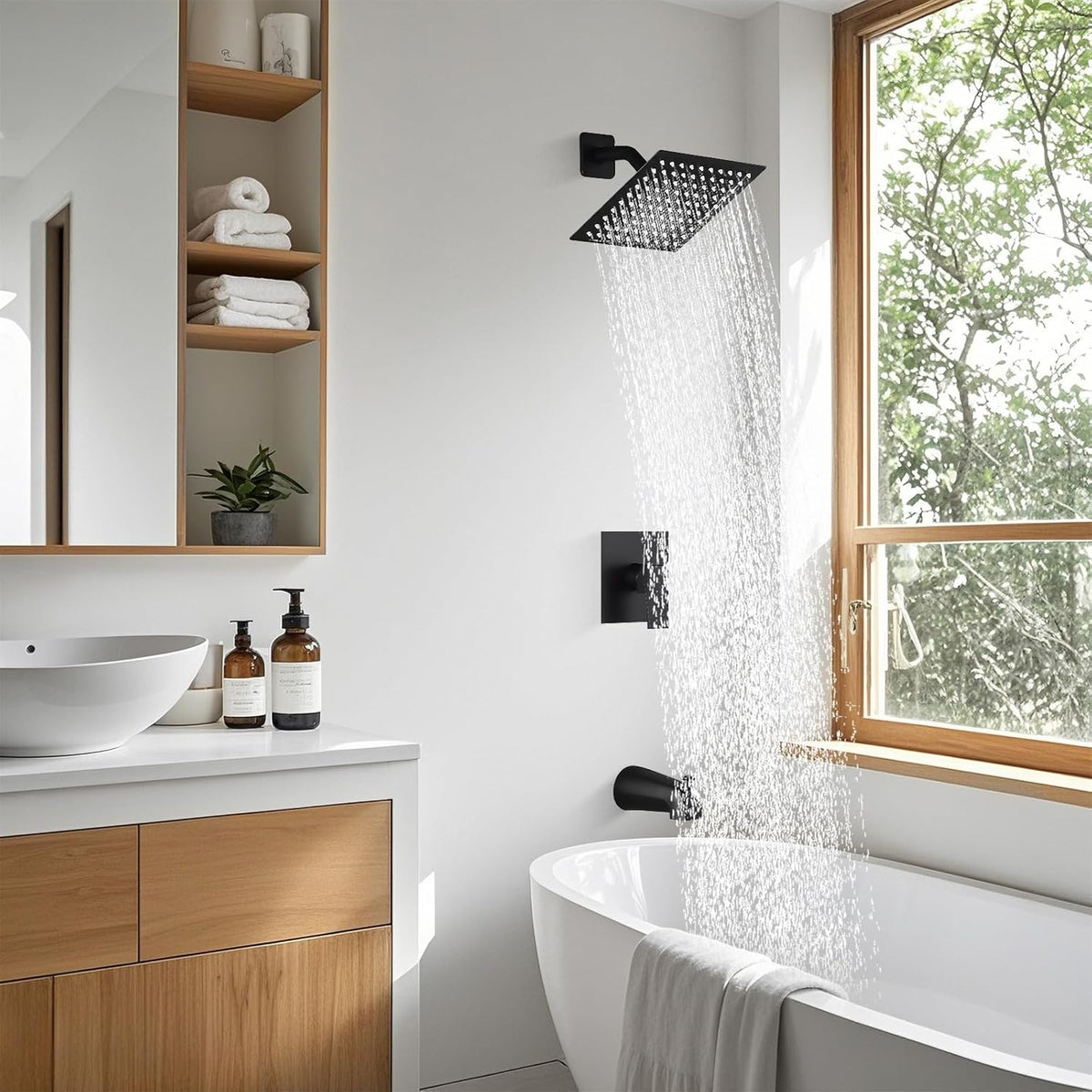 Modern Square Brass Rainfall Shower Set for Bathroom (with Tub Faucet)