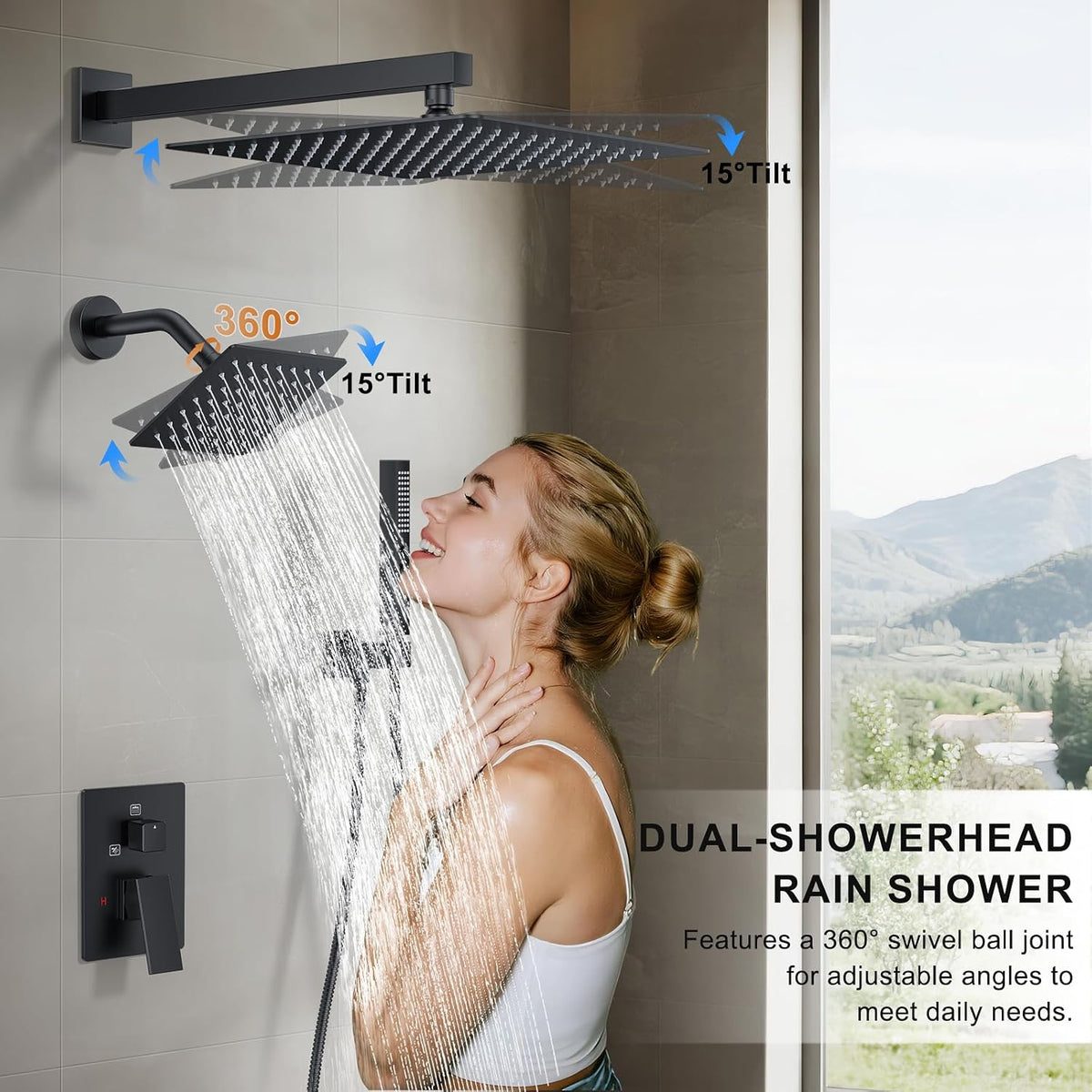 Modern Square Brass Rainfall Shower Faucet Set for Bathroom (2 Shower Heads)